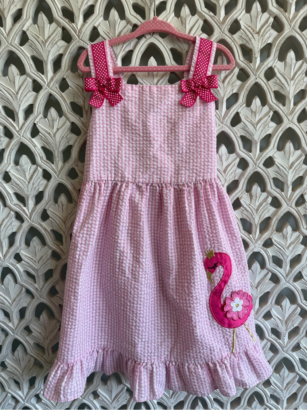 Counting Daisies Girls Pink Seersucker Flamingo Dress Size 6